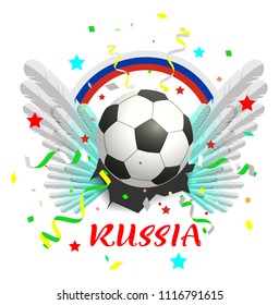 Rainbow banner russia text soccer ball and white wings. Vector illustration