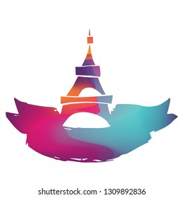 Rainbow Banner Vector Illustration of Paris Eiffel Tower. Graphic Design for Logo and T-shirt.
