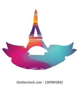 Rainbow Banner Vector Illustration of Paris Eiffel Tower. Graphic Design for Logo and T-shirt.
