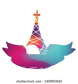 Rainbow Banner Vector Illustration of Paris Eiffel Tower. Graphic Design for Logo and T-shirt.