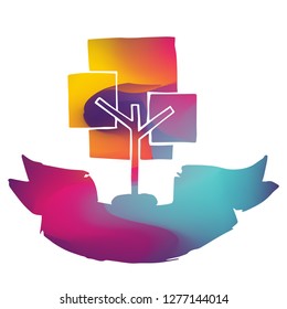 Rainbow Banner Vector Illustration of Trees. Graphic Design for Logo and T-shirt. 
