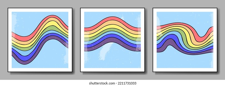 Banderas arcoiris con fondo azul. Estilo retro. Diseño para banner, tarjeta. Ilustración vectorial.