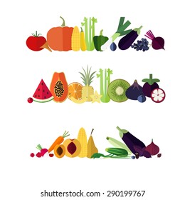 Rainbow banners from flat icons of fruits and vegetables.