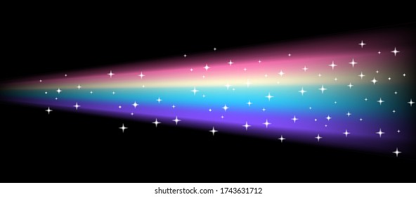 Regenbogenstrahl mit Fackeln und Funkeln. Vector realistische Abbildung von Röntgen in Spektralfarben, Lichtstreuungseffekt.