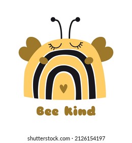 Rainbow bee element. Bee kind funny rainbow. Bee animal baby illustration. Cute honey phrase. Hand drawn honey arch honeycomb shapes. Vector kids logo design. Honey bumblebee.