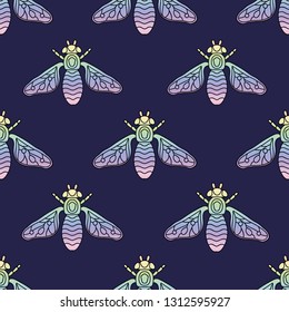 Rainbow beetles, fly maryls, wasp seamless pattern doodling