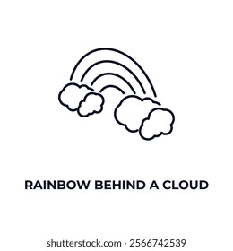 rainbow behind a cloud outline icon. Linear vector from nature concept. Thin line rainbow behind a cloud icon isolated on white background