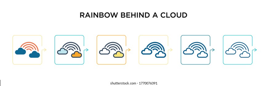 Rainbow behind a cloud vector icon in 6 different modern styles. Black, two colored rainbow behind a cloud icons designed in filled, outline, line and stroke style. Vector illustration can be used