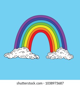 Rainbow between two clouds, isolated hand drawn vector color doodle illustration? on blue background