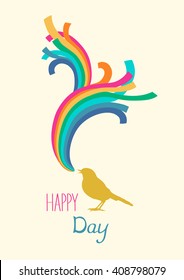 Rainbow and bird. Vector illustration. Happy day card.