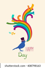 Rainbow and bird. Vector illustration. Happy day card.