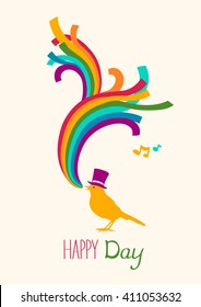 Rainbow and bird. Vector illustration. Happy day card.