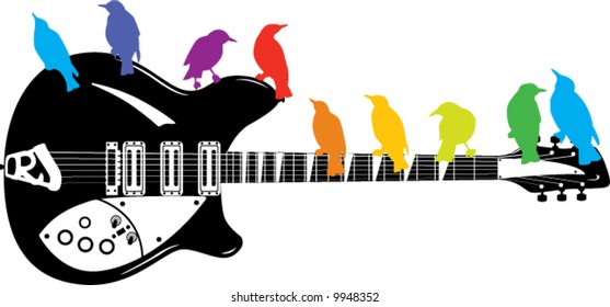 Rainbow of Birds on guitar in vector format
