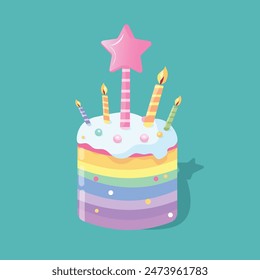 Rainbow Birthday cake with candles and pink star on the top. Cartoon character in flat style. Vector illustration