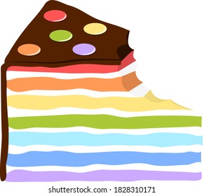 Rainbow Birthday Cake Slice with Bite Missing. Party celebration food. Clear backed vector illustration.