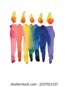 Rainbow birthday candle, watercolor paint sketch art. Isolated vector.