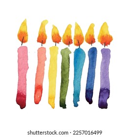 Rainbow birthday candles, watercolor paint illustration isolated vector.