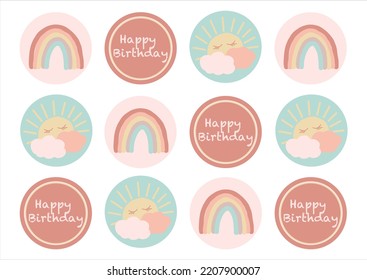 Rainbow birthday decoration set, Printable A4 cupcake toppers, Kids party package. Pastel hand drawn vector illustration.