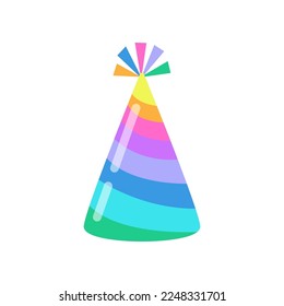 Rainbow birthday party hat cartoon illustration. Colorful accessory for celebration, carnival paper cone cap for children isolated on white background. Holiday, festive atmosphere concept