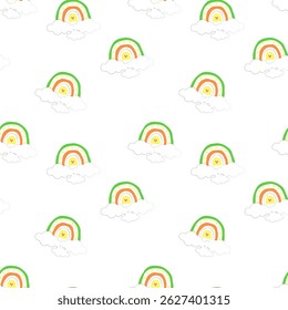 Rainbow with black and white clouds hand drawn in cute childish style. Rainbow in orange, yellow and green colors pattern on white background. Suitable for children's room, covers, banners, wallpapers