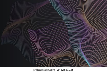 Rainbow Blend Graphic Vector Black Background. Color Wavy Music Texture. Stripe Energy Cover. Bright Flow Smoke Design.