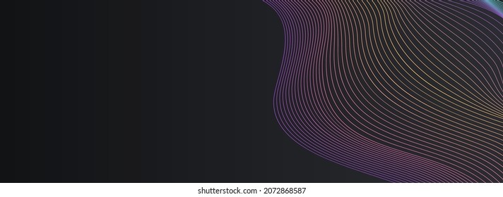 Rainbow Blend Technology Vector Panoramic Black Background. Neon Wave Smoke Template. Line Sound Brochure. Bright Wavy Geometric Illustration.