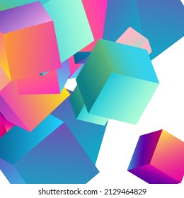 Rainbow Block Vector White Background. Holographic Abstract Brick Wallpaper. Style Cube Brochure. Gradient Confetti Shiny Paper.