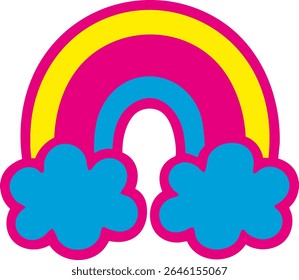 A rainbow with a blue cloud on the left side and a yellow cloud on the right side