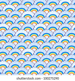 Rainbow and Blue Clouds Seamless Pattern. Vector Doodle Illustration