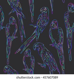 Rainbow blue macaw sketch seamless pattern on black background  Textile print, web page fill. Vector