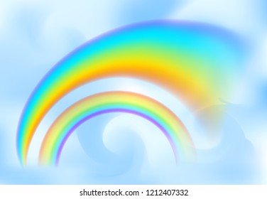 Rainbow in the blue sky among the light clouds. Rain bow realistic vector illustration with mesh brushes included