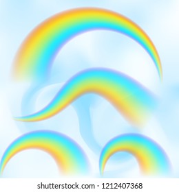 Rainbow in the blue sky among the light clouds. Rain bow realistic vector illustration with mesh brushes included