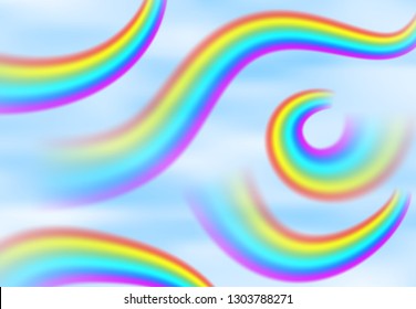 Rainbow in the blue sky among the light clouds. Rain bow realistic vector illustration with mesh brushes included