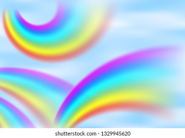 Rainbow in the blue sky among the light clouds. Rain bow realistic vector illustration with mesh brushes included