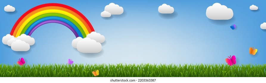 Rainbow With Blue Sky And Butterfly With Gradient Mesh, Vector Illustration
