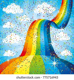 Rainbow in the blue sky and confetti.
