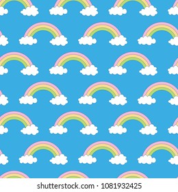 Rainbow at blue sky. A playful, modern, and flexible pattern for brand who has cute and fun style. Repeated pattern. Happy, bright, and magical mood.