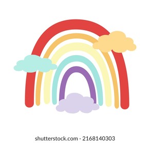 Rainbow with blue, violet and yellow clouds. Vector illustration. For kids wear, decoration, posters, greeting cards, bags. Isolated on white background. 