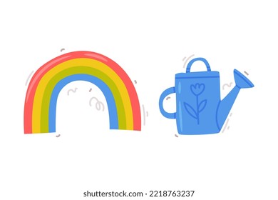 Rainbow and Blue Watering Can as Planet and Nature Conservation Attribute Vector Set