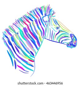 Rainbow blue Zebra portrait, Head sketch  isolated on white background. Vector