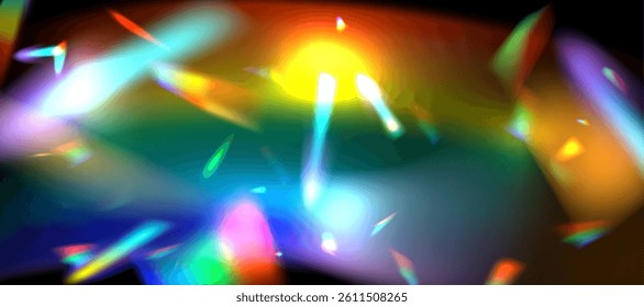 Rainbow blurred refraction overlay effect. Colorful light lens prism on transparent background. Holographic reflection, iridescent crystal flare leak shadow overlay. Vector abstract illustration.  