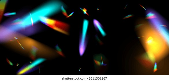 Rainbow blurred refraction overlay effect. Colorful light lens prism on transparent background. Holographic reflection, iridescent crystal flare leak shadow overlay. Vector abstract illustration.  
