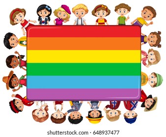 Rainbow board with many kids in background illustration