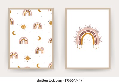 Rainbow boho posters. Scandinavian design for children wallpaper and home decor. Cute pastel vector illustration in cartoon style.