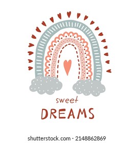 Rainbow-Boho-Poster. Skandinavisches Design für Kinder Tapete und Heimgestaltung. Cute pastellfarbene Vektorgrafik im Cartoon-Stil. Babydesign im Boho-Stil.

