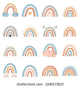 Forma abstracta del arcoiris boho escandinavo en colores pasteles con corazón, estrellas, nubes, gotas. Elemento vectorial dibujado a mano para decorativo, postal, invitación, afiche, guardería, bebé