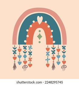 Arcoiris al estilo boho. El estilo infantil. Color boho. Un arco iris con corazón. Ilustración corta para una impresión. Ilustración del diseño infantil. Día de San Valentín. Diseño de Doodle.