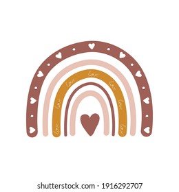 Rainbow in boho style with heart. Bohemian illustrations for holidays. Scandinavian design for wallpaper and home decor. Modern vector illustration in different color.
