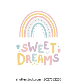 Estilo arcoiris boho Dulces sueños tarjeta de letras dibujadas por mano comillas tipográficas en un bonito estilo caligráfico. Lema para la impresión y el diseño de afiches. Ilustración del vector