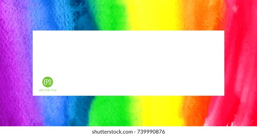 Rainbow border frame. Abstract painting background. Watercolor ink. Hand drawn paper texture. Vector. Colorful. Red, orange, yellow, green, blue, indigo, violet, purple, white color. Banner, wallpaper
